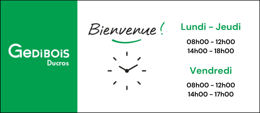 Du lundi au jeudi 8h midi, 14h 18h, le vendredi 8h midi, 14h 17h